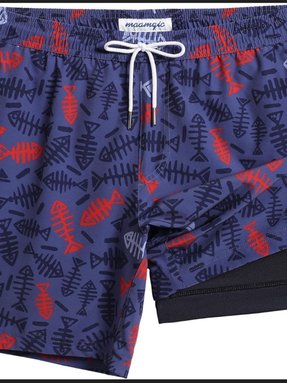Men’s Navy Fish-Print Swim Trunks - Red & Navy